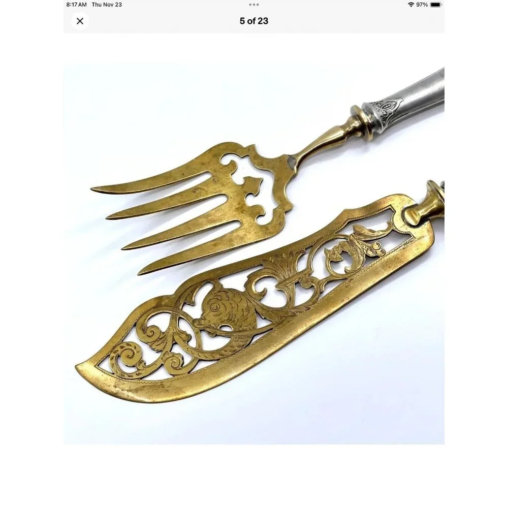Rare Antq Ornate Motif Fish Dining Serving Set Silver Parcel Gilt Cutlery HTF